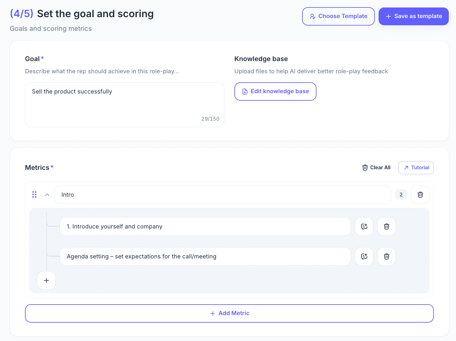 Scorecard tab in the PitchMonster editor with a goal, a knowledge base button and metrics with checks