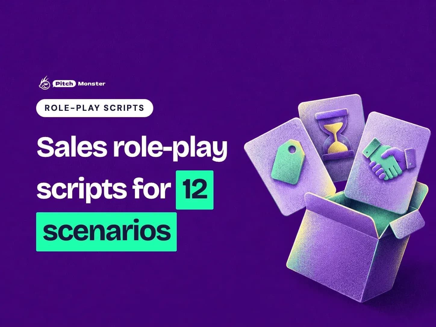 deep violet illustrated cover: a fanned deck of scenario cards spilling from an open card box, each card face a different simple icon (price tag. A ROLE-PLAY SCRIPTS pill sits above the title 'Sales role-play scripts for 12 scenarios' with '12 scenarios' highlighted.