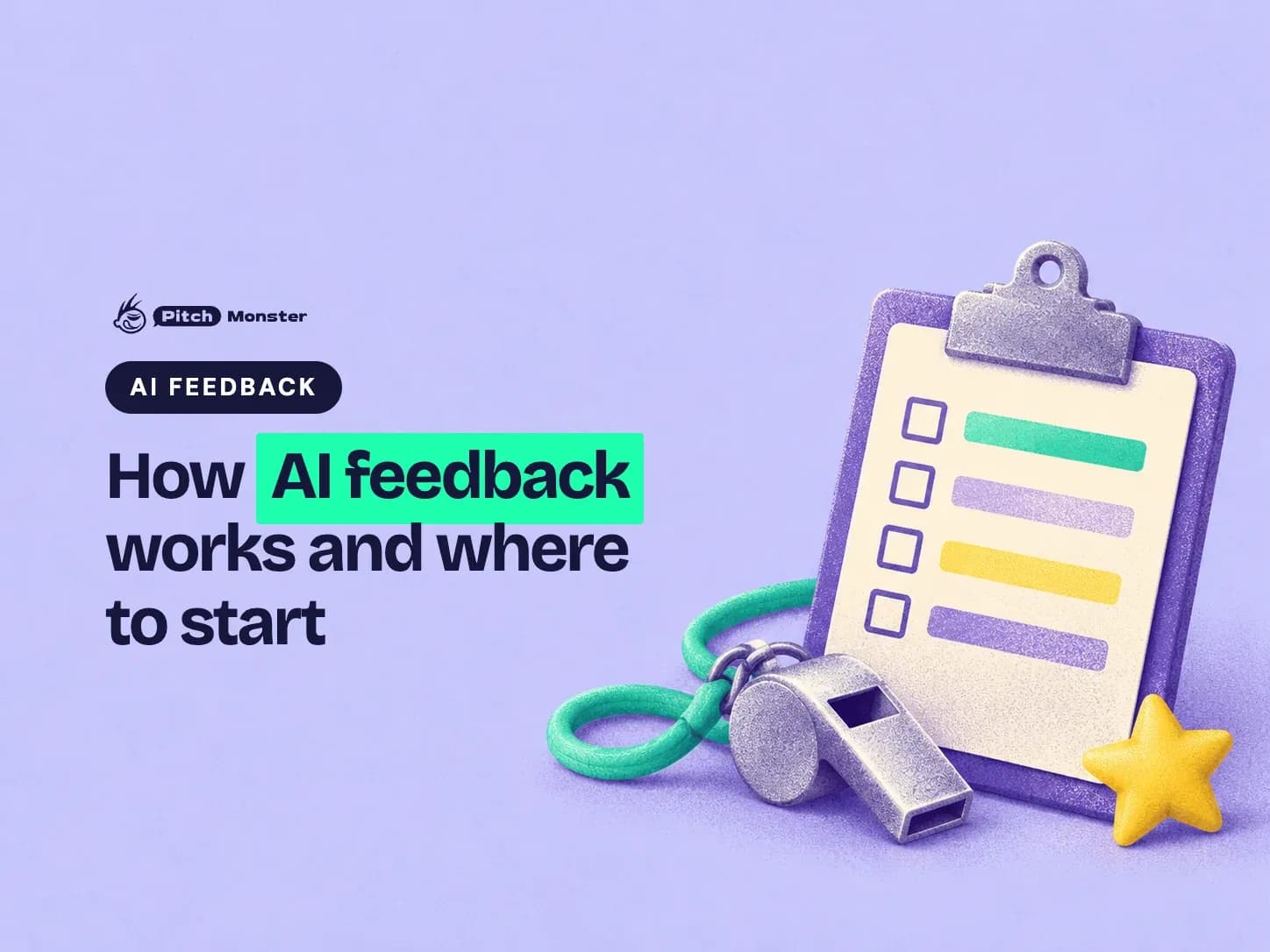 lavender illustrated cover: a clipboard of tick boxes and coloured bars, a coach's whistle on a lanyard and a small star. A AI FEEDBACK pill sits above the title 'How AI feedback works and where to start' with 'AI feedback' highlighted.