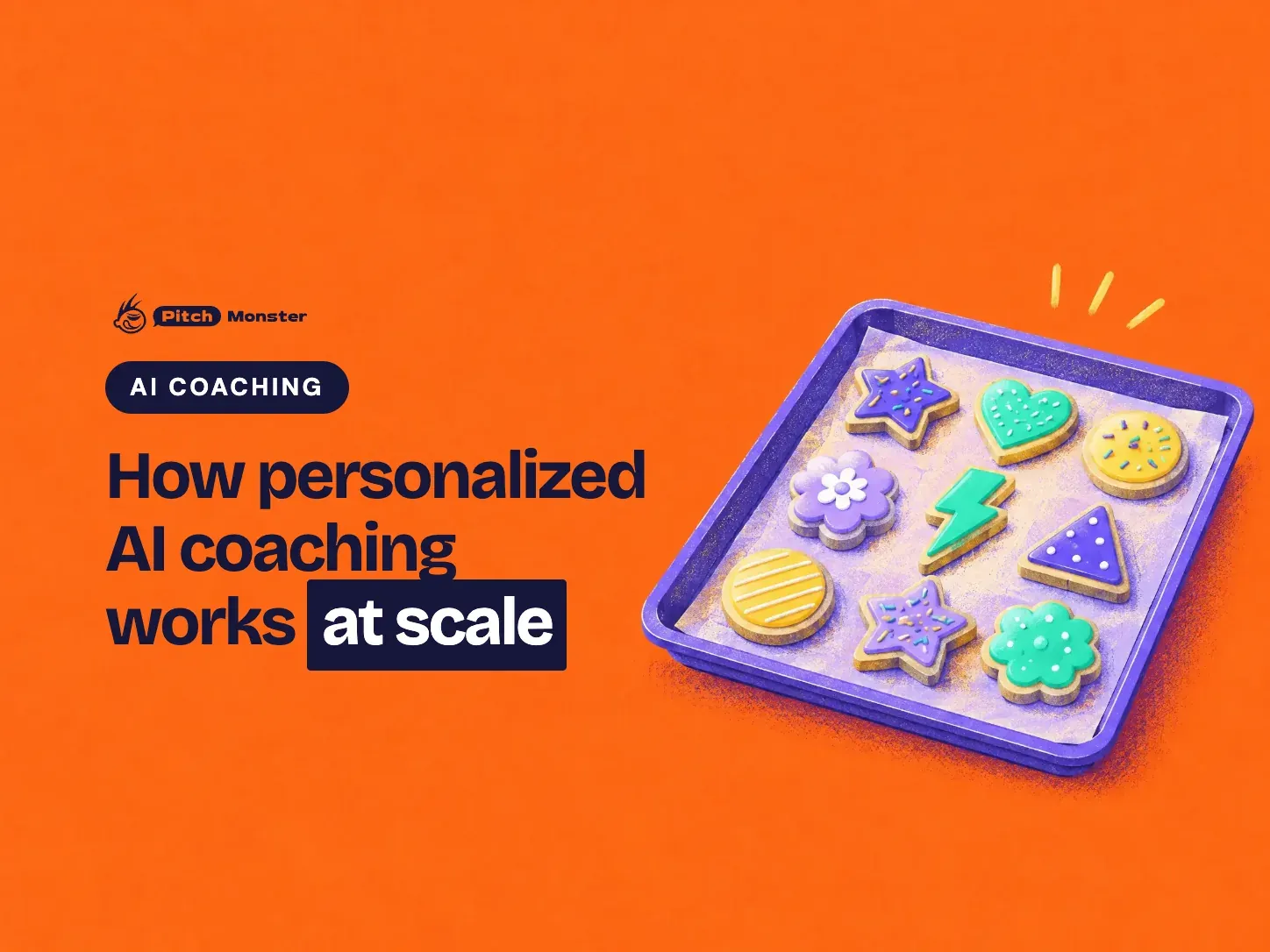 orange illustrated cover: a baking tray of cookies, each a different shape and icing colour. A AI COACHING pill sits above the title 'How personalized AI coaching works at scale' with 'at scale' highlighted.