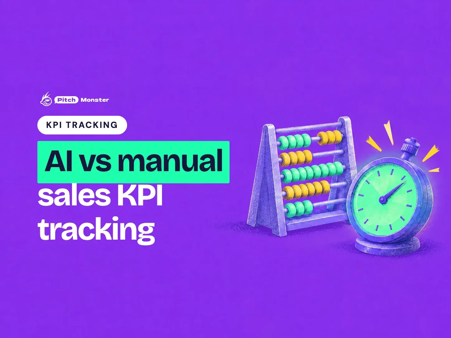 violet illustrated cover: an abacus beside a glowing gauge. A KPI TRACKING pill sits above the title 'AI vs manual sales KPI tracking' with 'AI vs manual' highlighted.