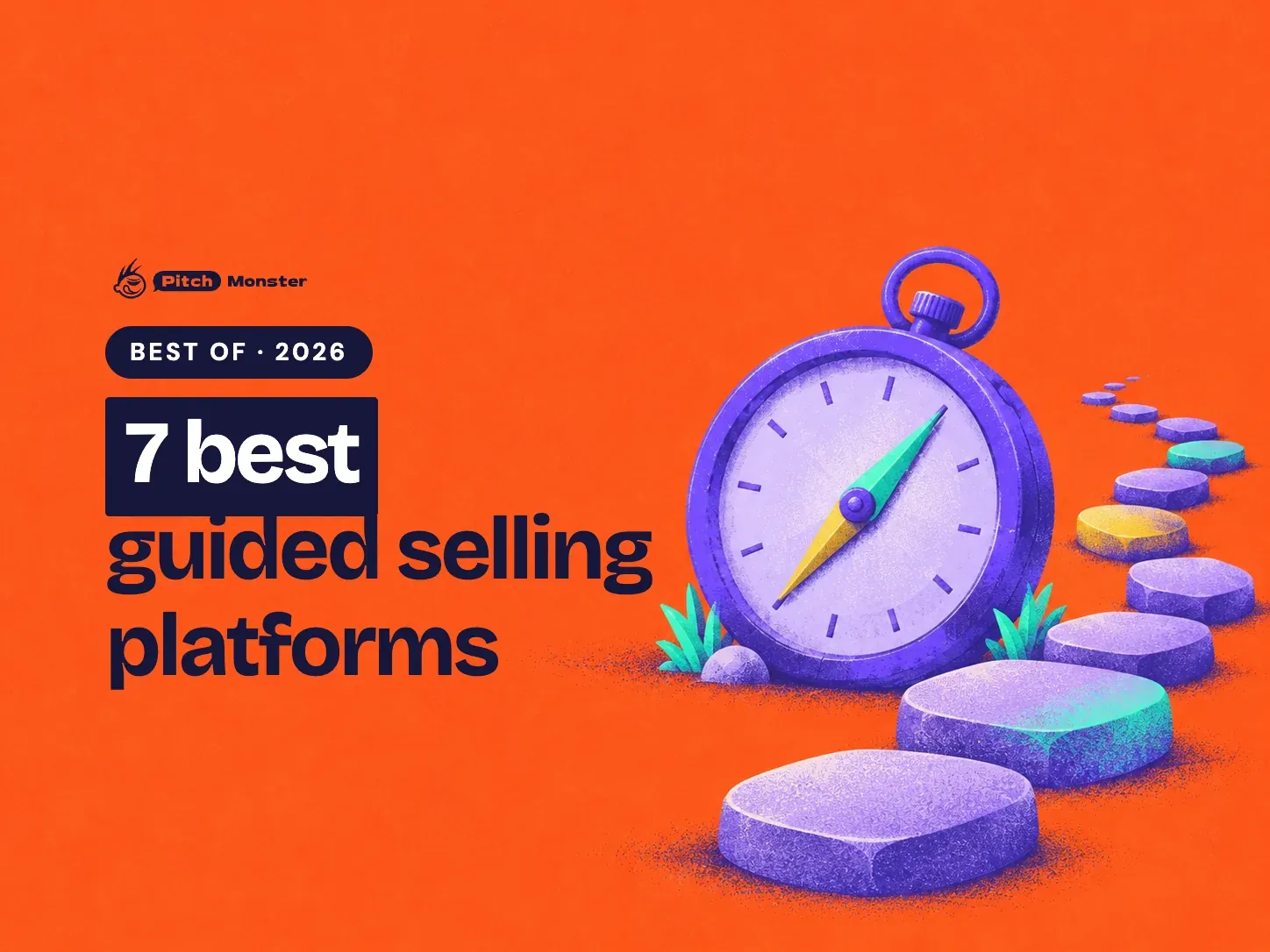 coral illustrated cover: a big compass beside a winding path of stepping stones. A BEST OF 2026 pill sits above the title '7 best guided selling platforms' with '7 best' highlighted.