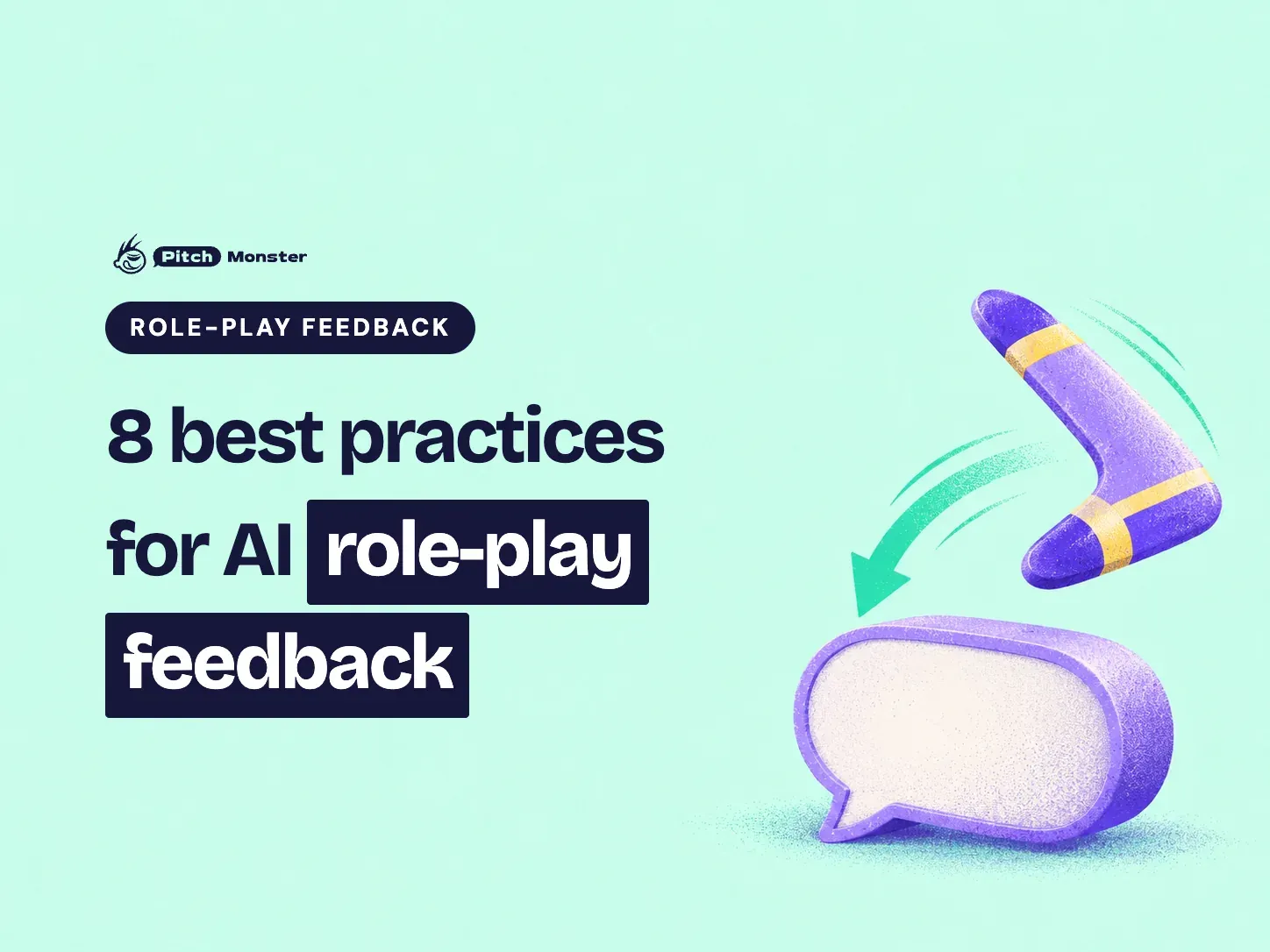 pale mint illustrated cover: a boomerang curving back toward a speech bubble. A ROLE-PLAY FEEDBACK pill sits above the title '8 best practices for AI role-play feedback' with 'role-play feedback' highlighted.