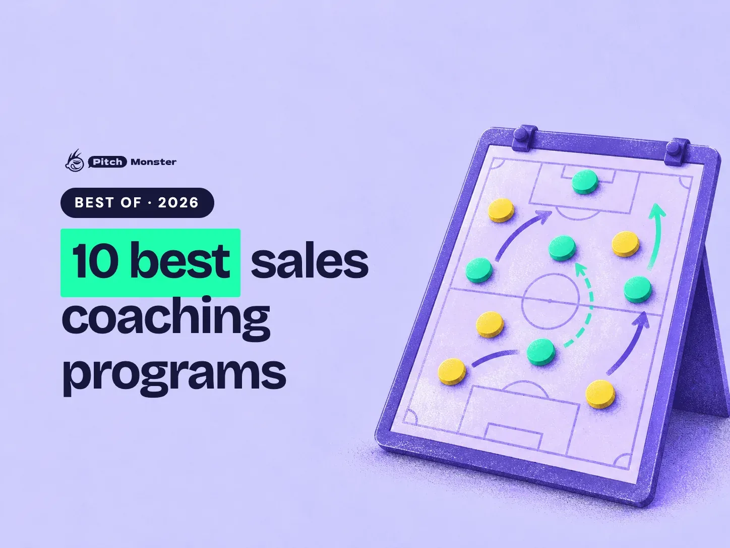 lavender illustrated cover: a sports tactics board with magnet pieces and curved play arrows. A BEST OF 2026 pill sits above the title '10 best sales coaching programs' with '10 best' highlighted.