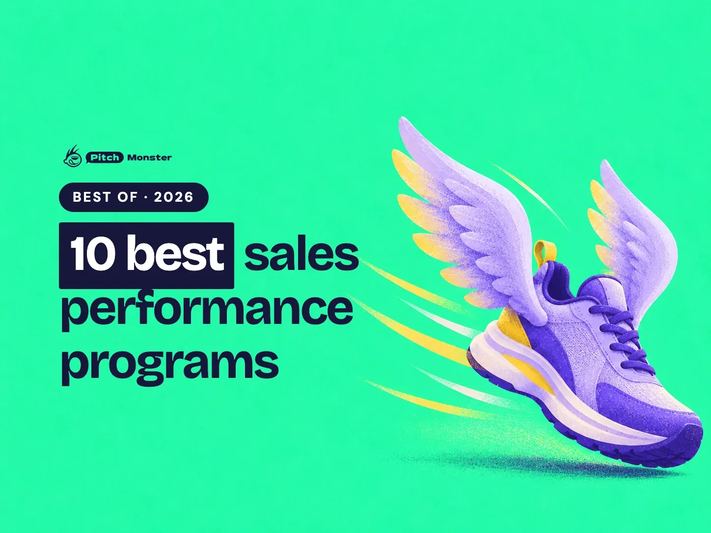 mint illustrated cover: a winged running shoe with speed lines. A BEST OF 2026 pill sits above the title '10 best sales performance programs' with '10 best' highlighted.