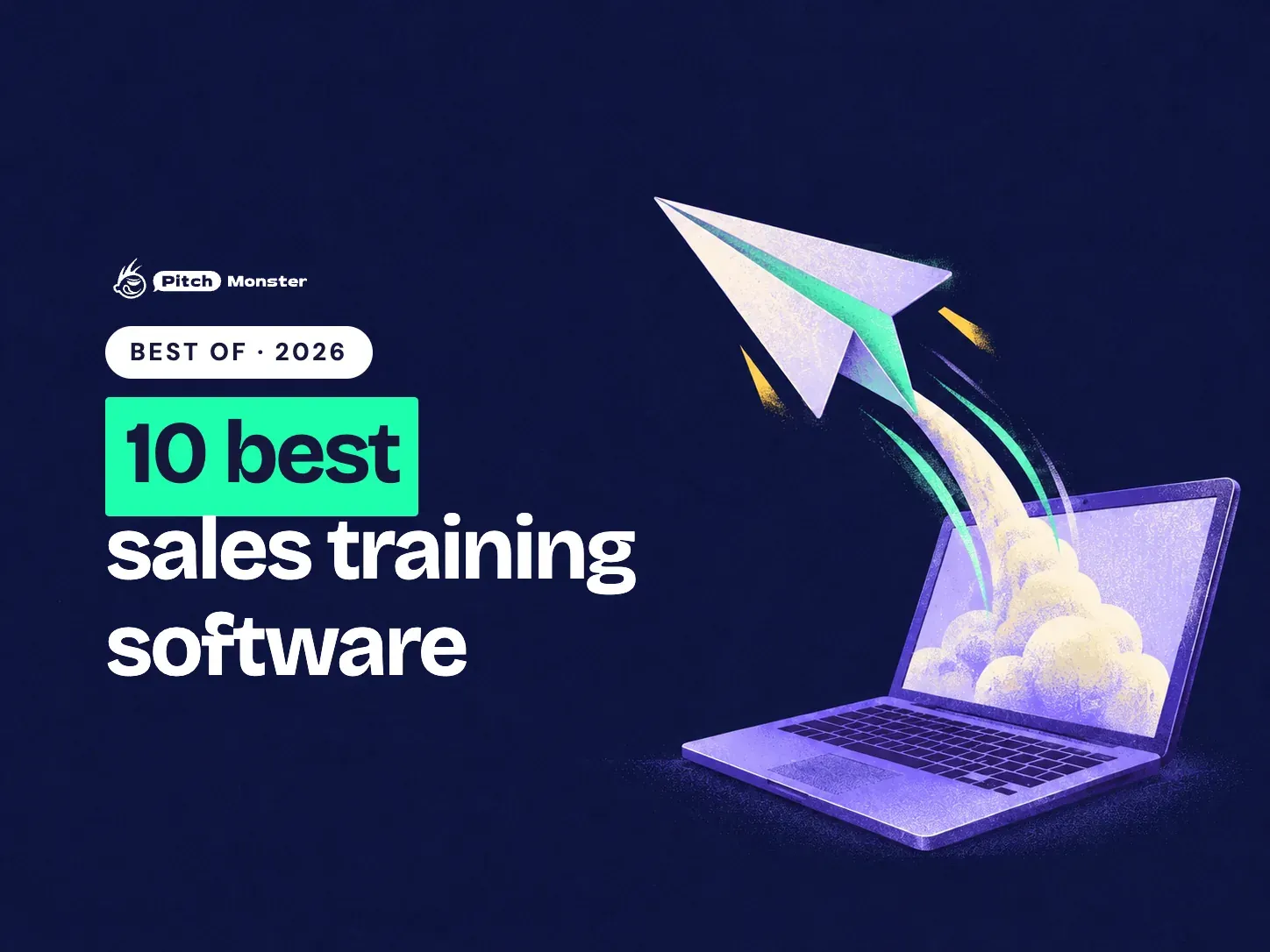 navy illustrated cover: a paper airplane launching out of an open laptop. A BEST OF 2026 pill sits above the title '10 best sales training software' with '10 best' highlighted.