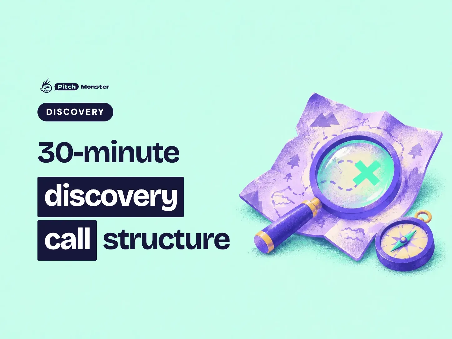 pale mint illustrated cover: a magnifying glass over a folded treasure map with a mint X. A DISCOVERY pill sits above the title '30-minute discovery call structure' with 'discovery call' highlighted.