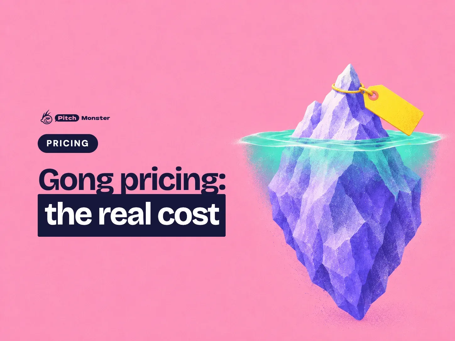 pink illustrated cover: a price tag on the small tip of an iceberg, with a much bigger mass below the waterline. A PRICING pill sits above the title 'Gong pricing: the real cost' with 'the real cost' highlighted.
