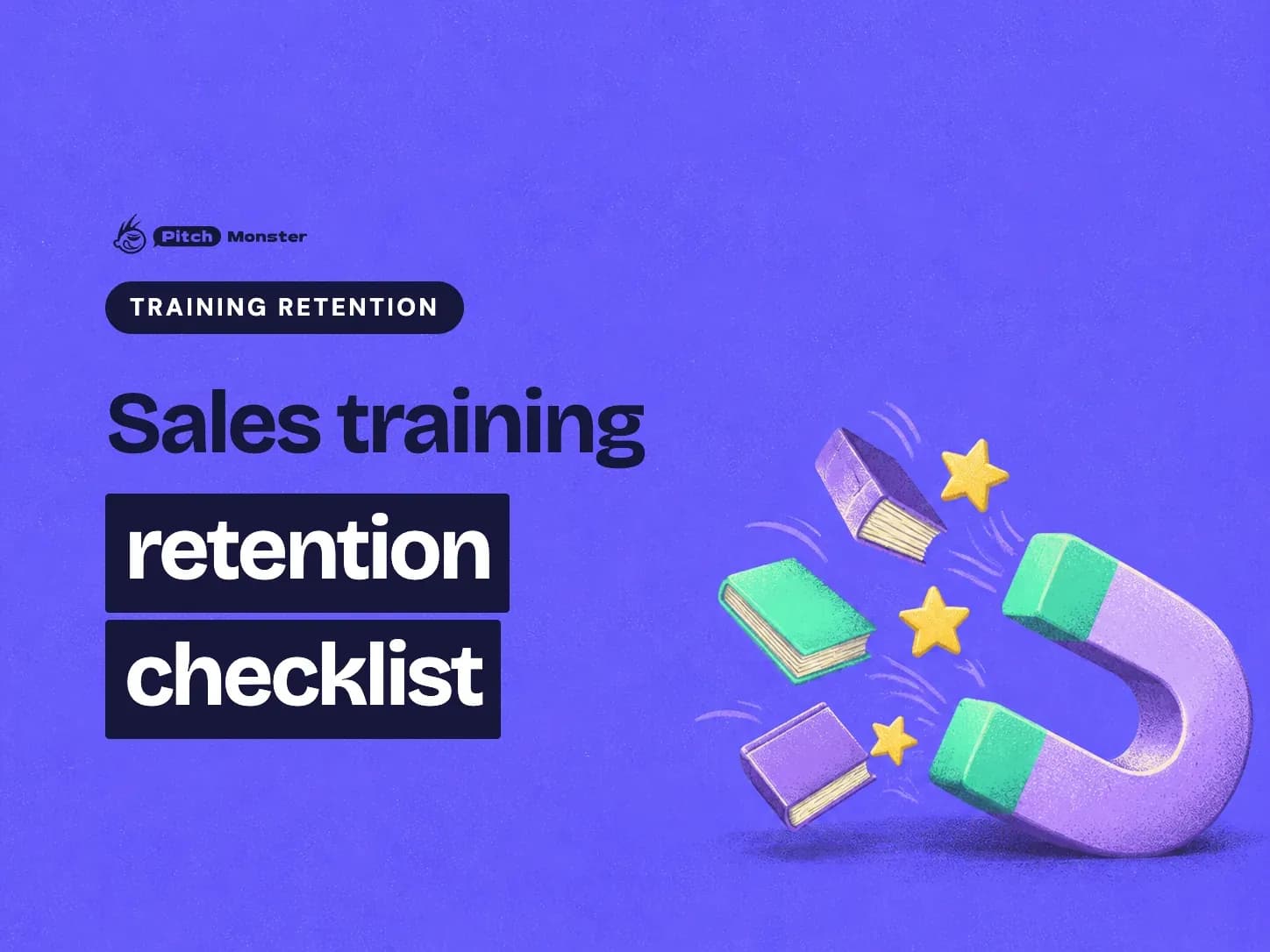purple illustrated cover: a horseshoe magnet pulling small books and stars back toward it. A TRAINING RETENTION pill sits above the title 'Sales training retention checklist' with 'retention checklist' highlighted.