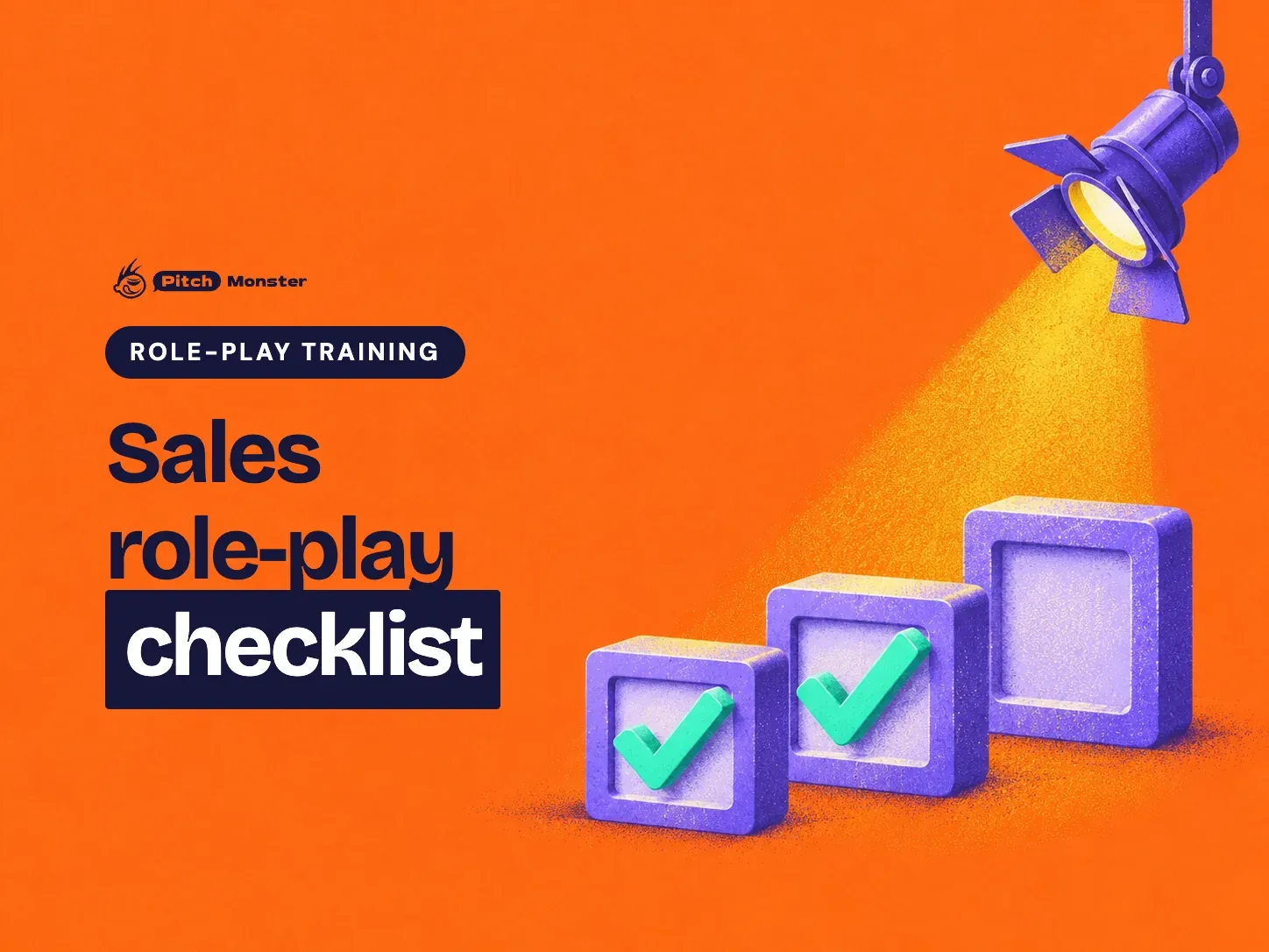 orange illustrated cover: three chunky checkbox tiles, two ticked, under a stage spotlight. A ROLE-PLAY TRAINING pill sits above the title 'Sales role-play checklist' with 'checklist' highlighted.