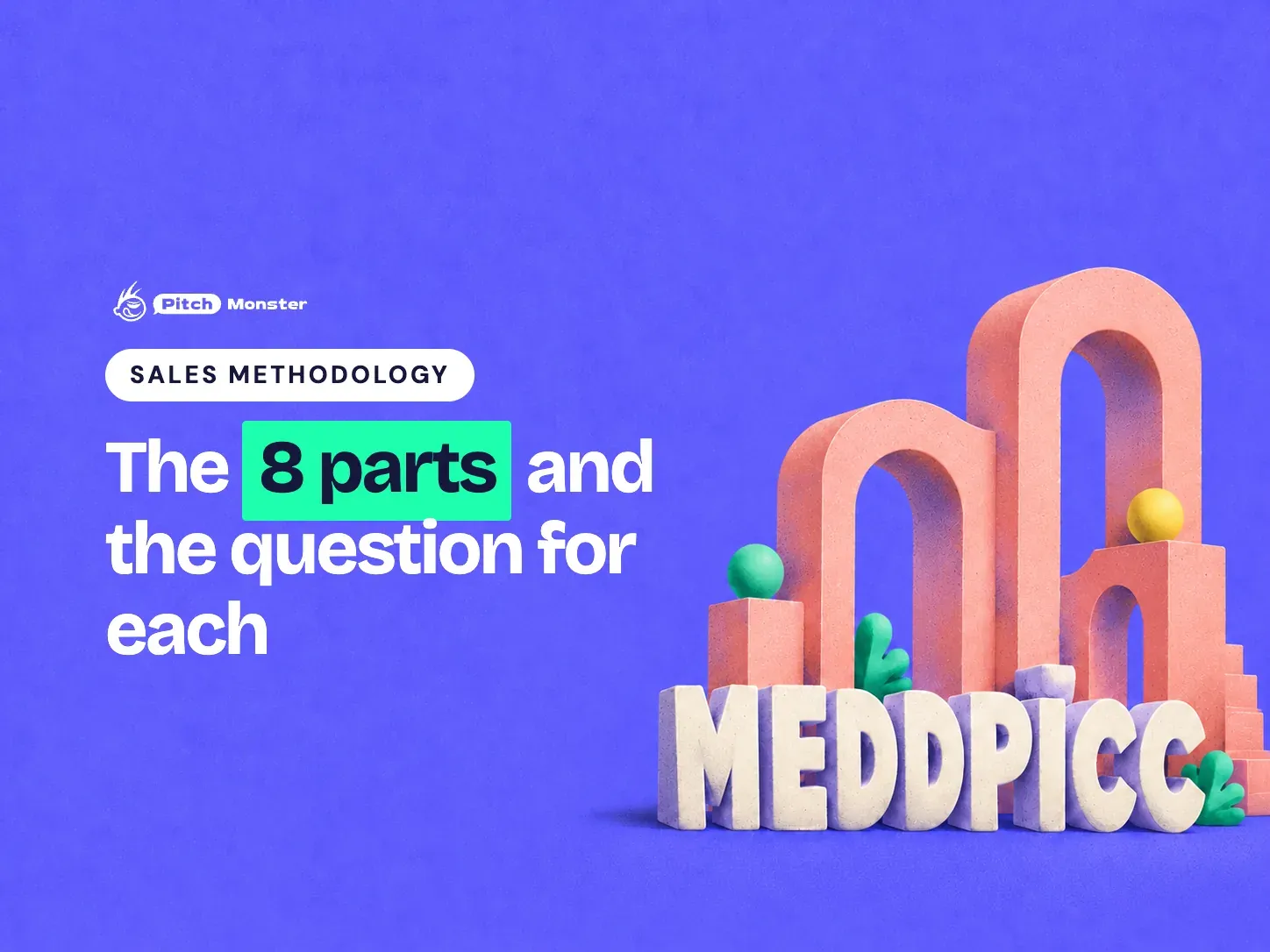 purple illustrated cover: big white 3D letterforms spelling MEDDPICC in front of tall pink-to-coral arches. A SALES METHODOLOGY pill sits above the title 'The 8 parts and the question for each' with '8 parts' highlighted.