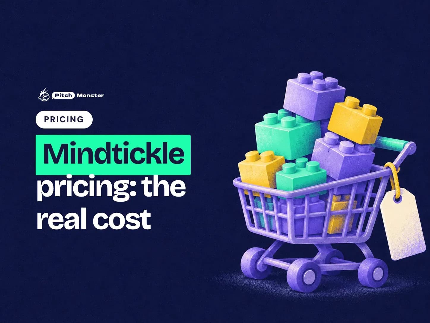 navy illustrated cover: a toy shopping cart stacked with add-on blocks and a blank price tag. A PRICING pill sits above the title 'Mindtickle pricing: the real cost' with 'Mindtickle' highlighted.