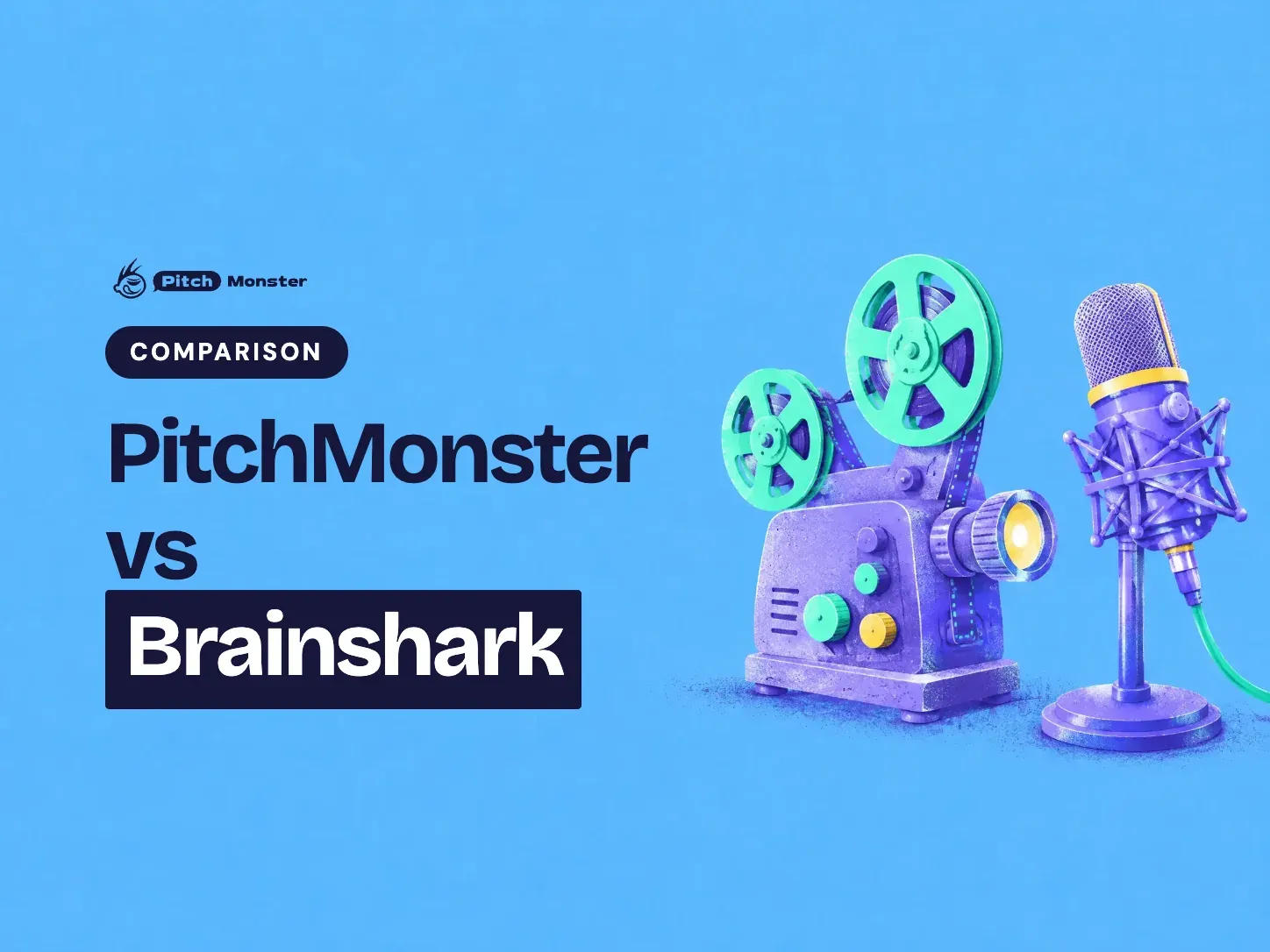 sky blue illustrated cover: a vintage film projector beside a live studio microphone. A COMPARISON pill sits above the title 'PitchMonster vs Brainshark' with 'Brainshark' highlighted.