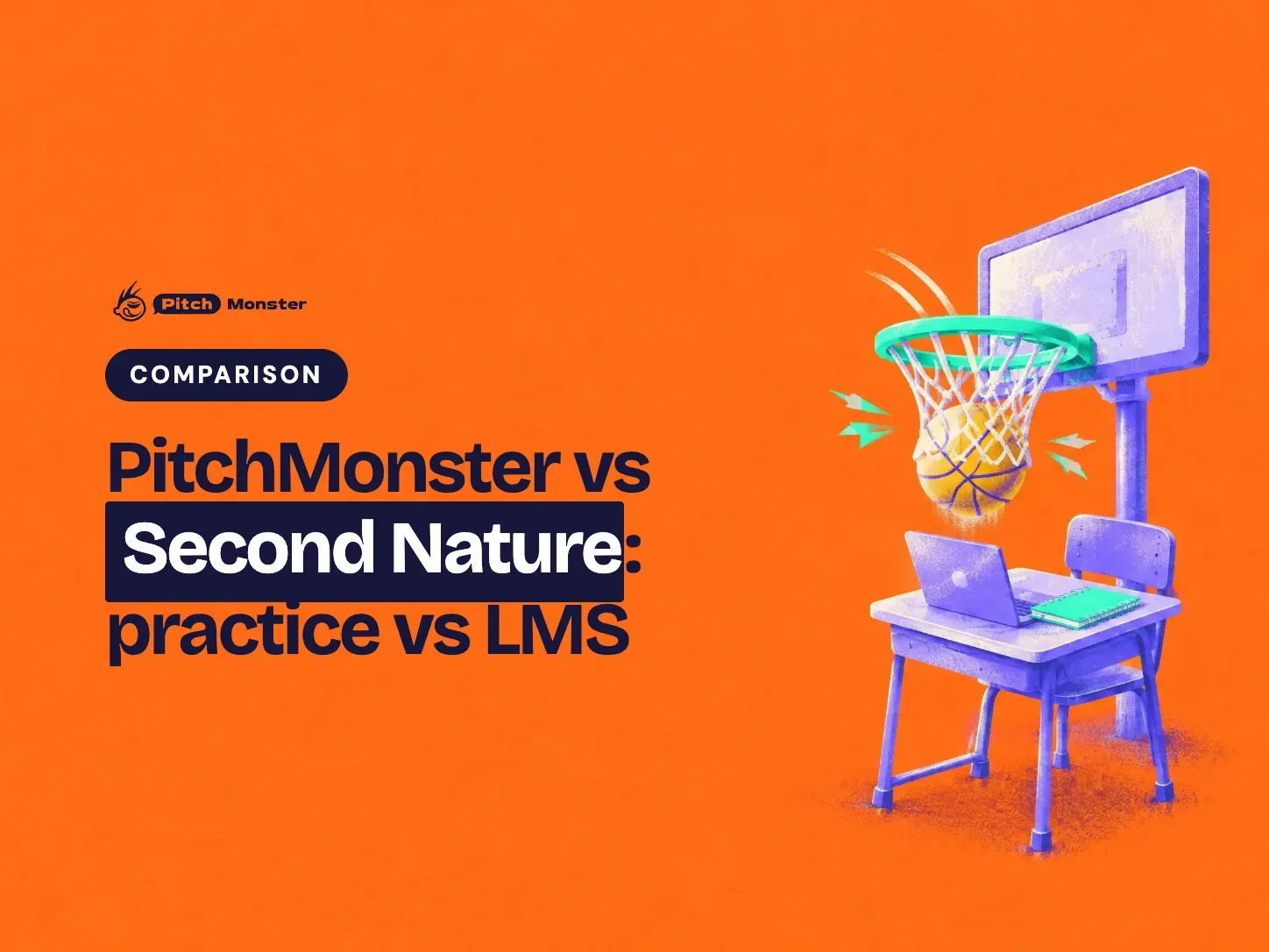 orange illustrated cover: a basketball dropping through a hoop beside a little school desk. A COMPARISON pill sits above the title 'PitchMonster vs Second Nature: practice vs LMS' with 'Second Nature' highlighted.