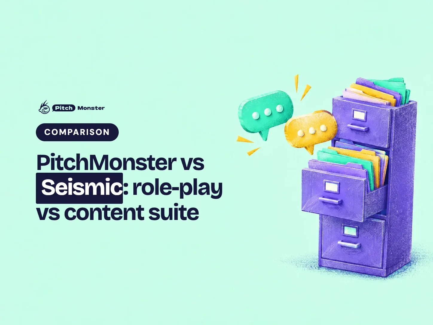 pale mint illustrated cover: a tall filing cabinet bursting with folders beside a pair of speech bubbles. A COMPARISON pill sits above the title 'PitchMonster vs Seismic: role-play vs content suite' with 'Seismic' highlighted.