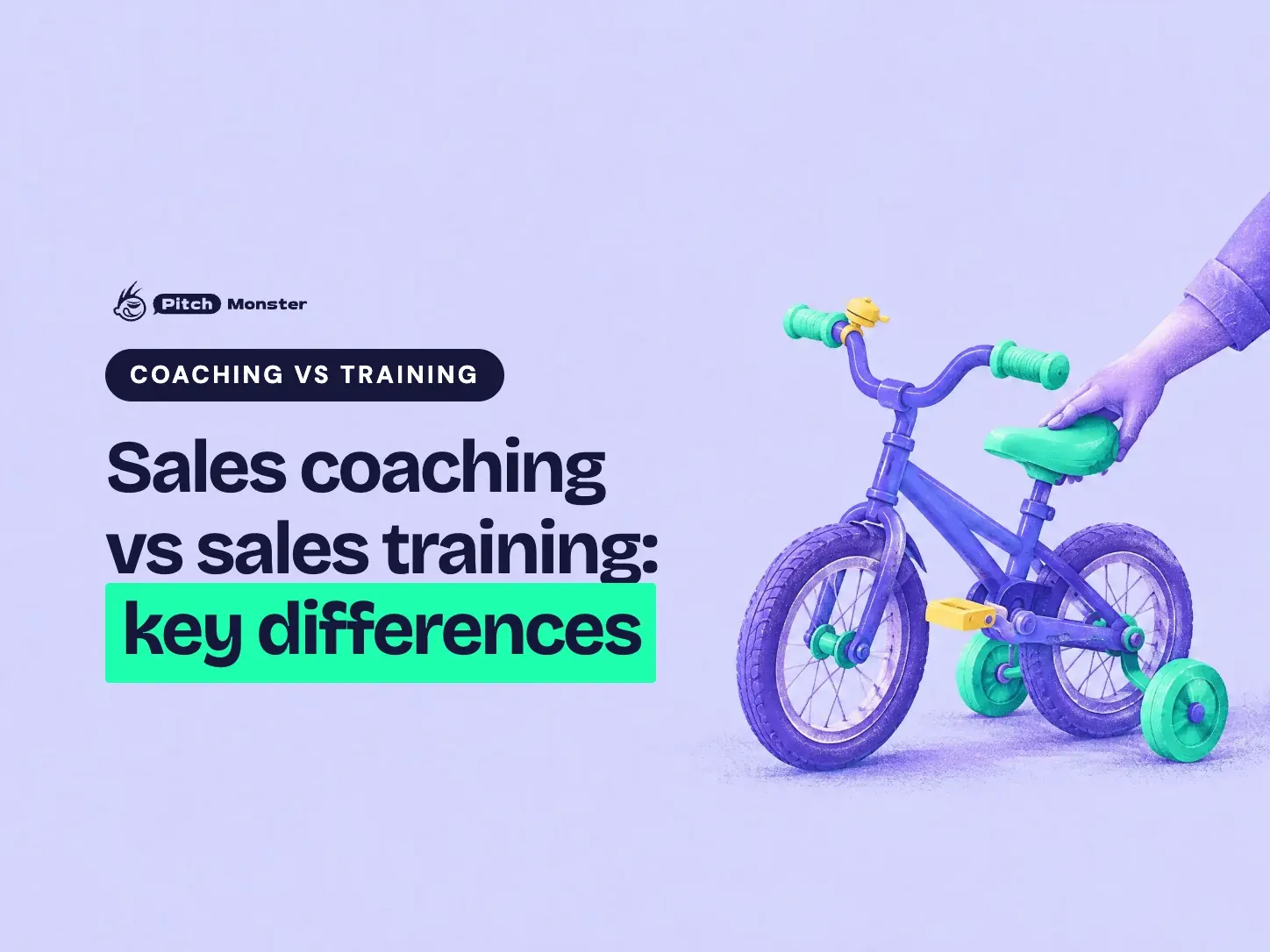 lavender illustrated cover: a bicycle with training wheels and a hand steadying the saddle. A COACHING VS TRAINING pill sits above the title 'Sales coaching vs sales training: key differences' with 'key differences' highlighted.
