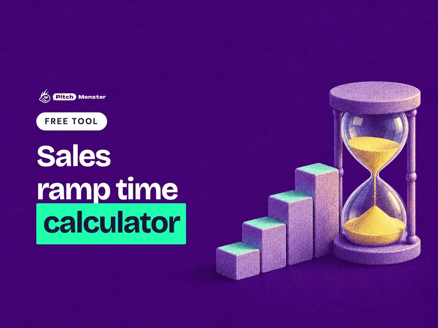 deep violet illustrated cover: an hourglass beside a staircase of counting blocks. A FREE TOOL pill sits above the title 'Sales ramp time calculator' with 'calculator' highlighted.