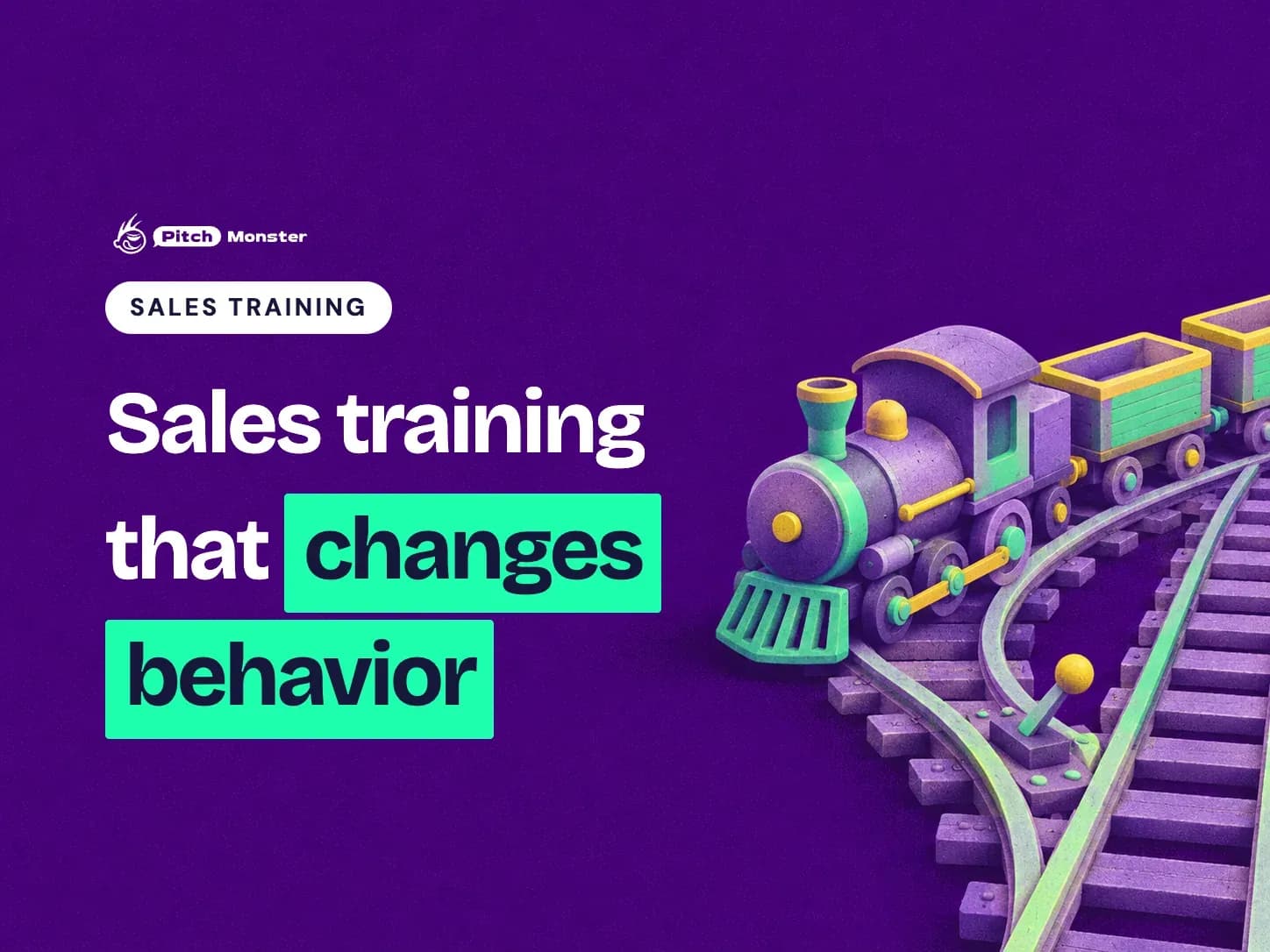 deep violet illustrated cover: a toy train taking a railway switch onto a new track. A SALES TRAINING pill sits above the title 'Sales training that changes behavior' with 'changes behavior' highlighted.