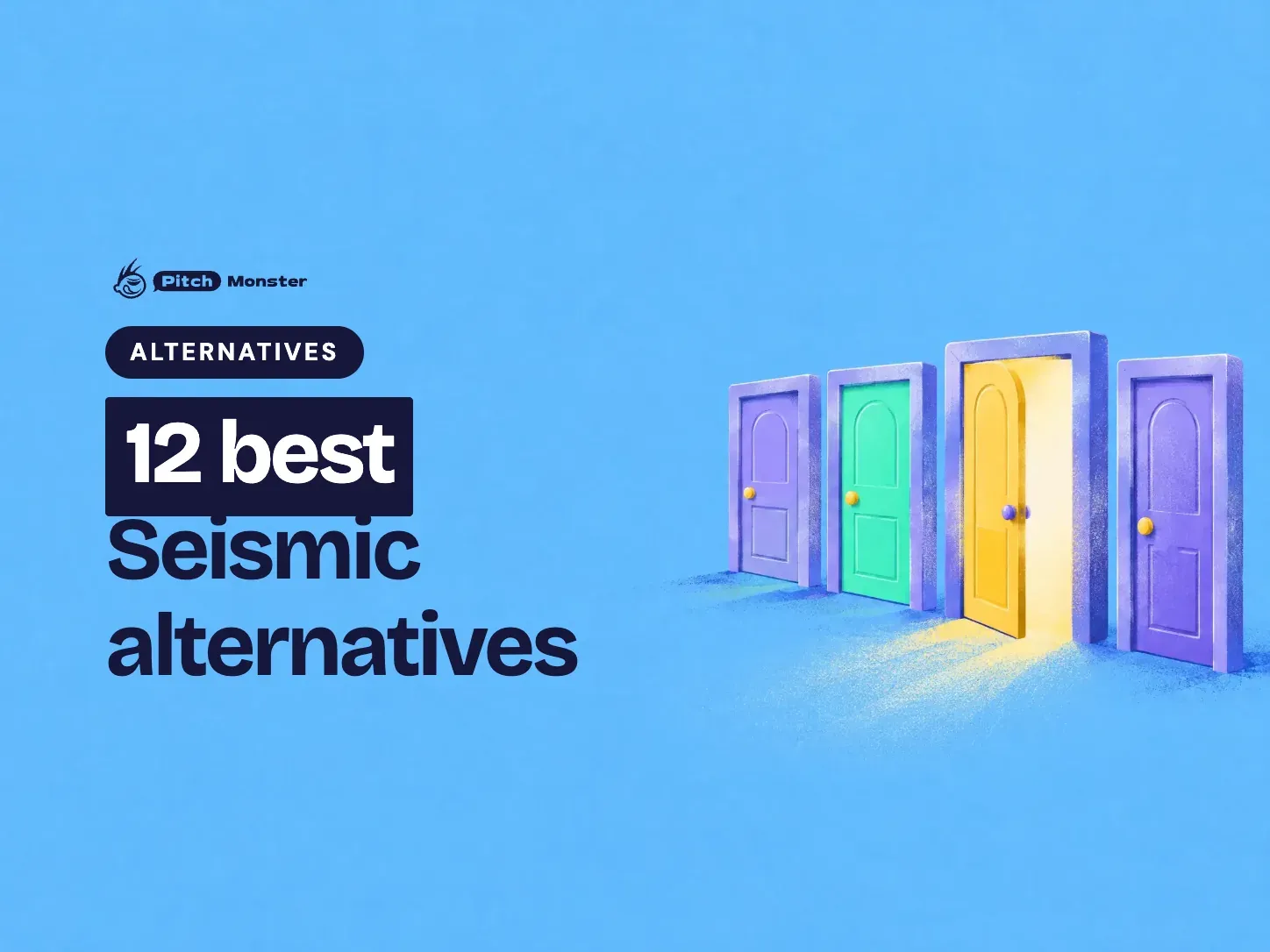 sky blue illustrated cover: a row of colourful doors, the middle one ajar with light spilling out. A ALTERNATIVES pill sits above the title '12 best Seismic alternatives' with '12 best' highlighted.