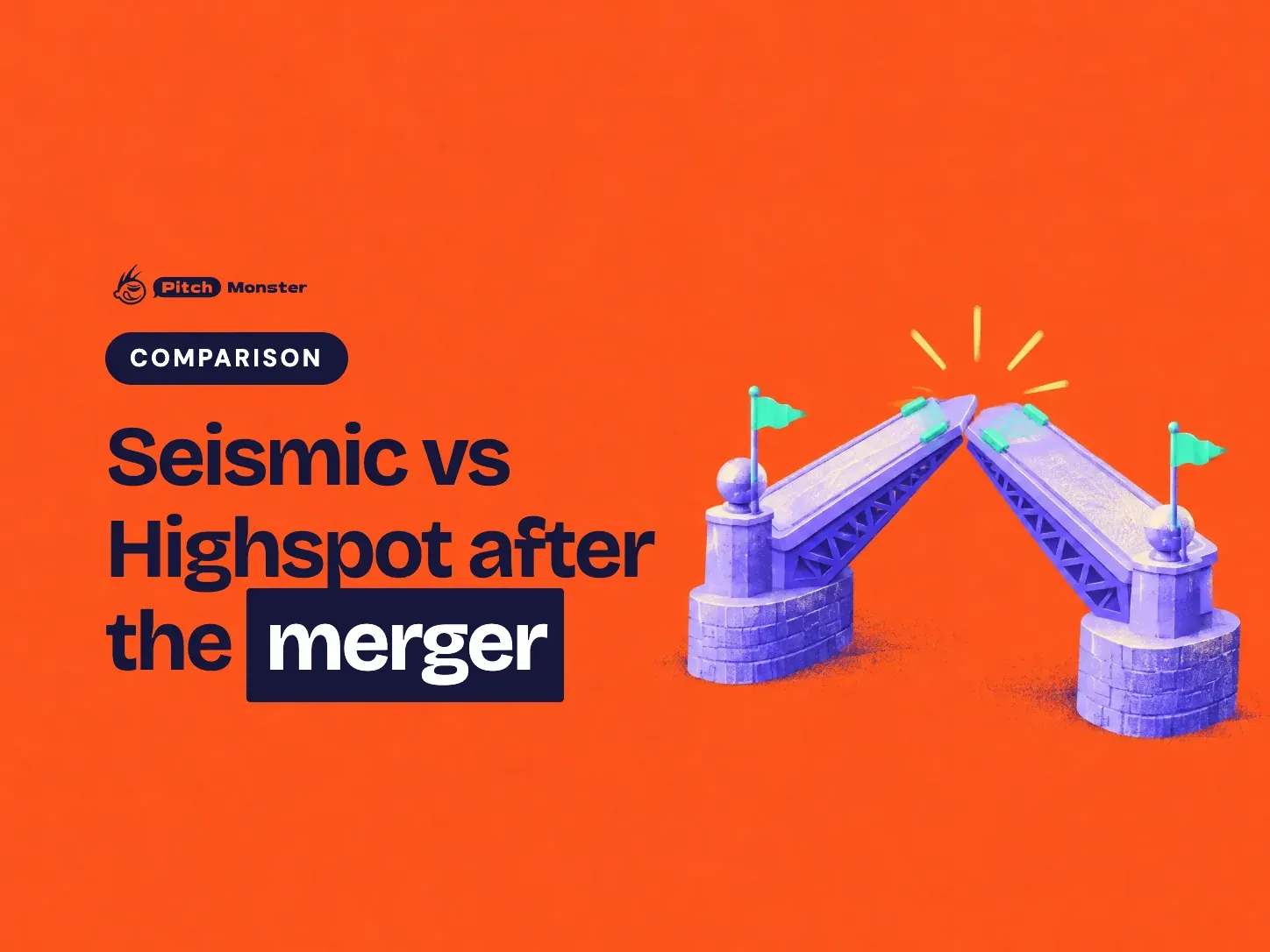 coral illustrated cover: two halves of a drawbridge meeting in the middle. A COMPARISON pill sits above the title 'Seismic vs Highspot after the merger' with 'merger' highlighted.