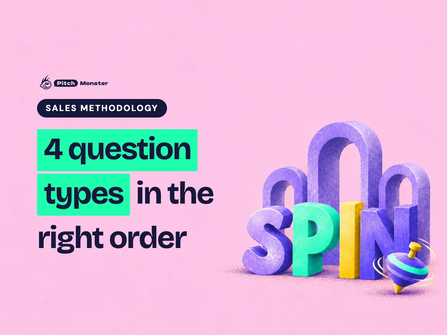 pale pink illustrated cover: big 3D letterforms spelling SPIN in front of tall rounded arches, a small spinning top beside them. A SALES METHODOLOGY pill sits above the title '4 question types in the right order' with '4 question types' highlighted.
