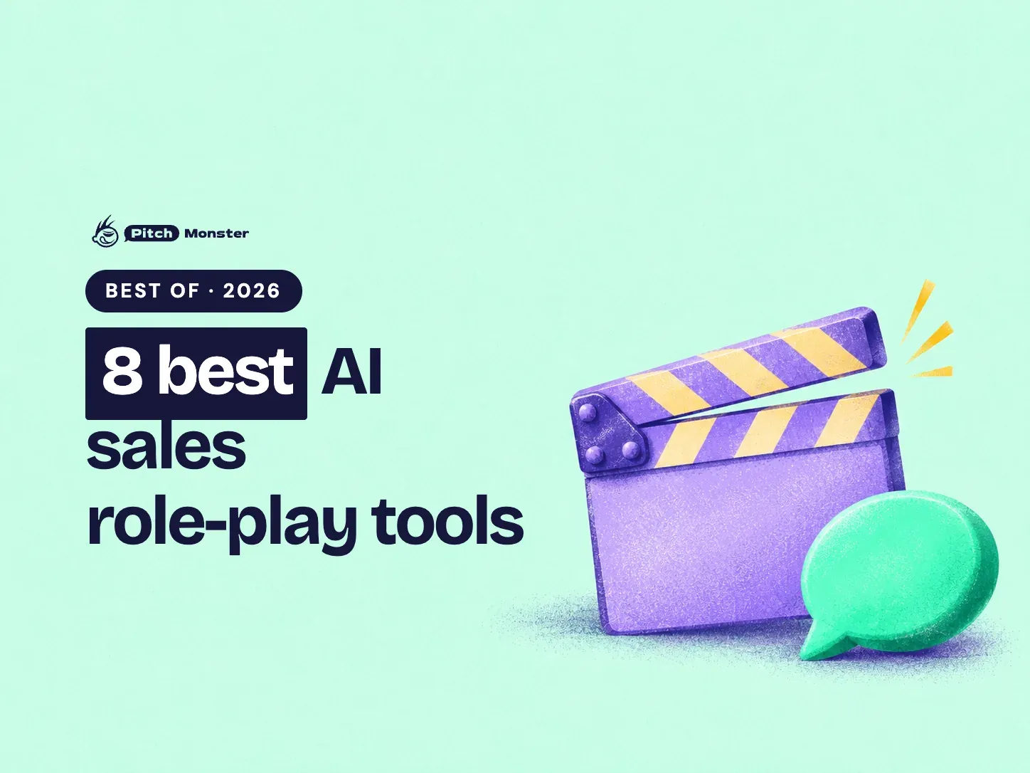 pale mint illustrated cover: a director's clapperboard snapping shut beside a speech bubble. A BEST OF 2026 pill sits above the title '8 best AI sales role-play tools' with '8 best' highlighted.