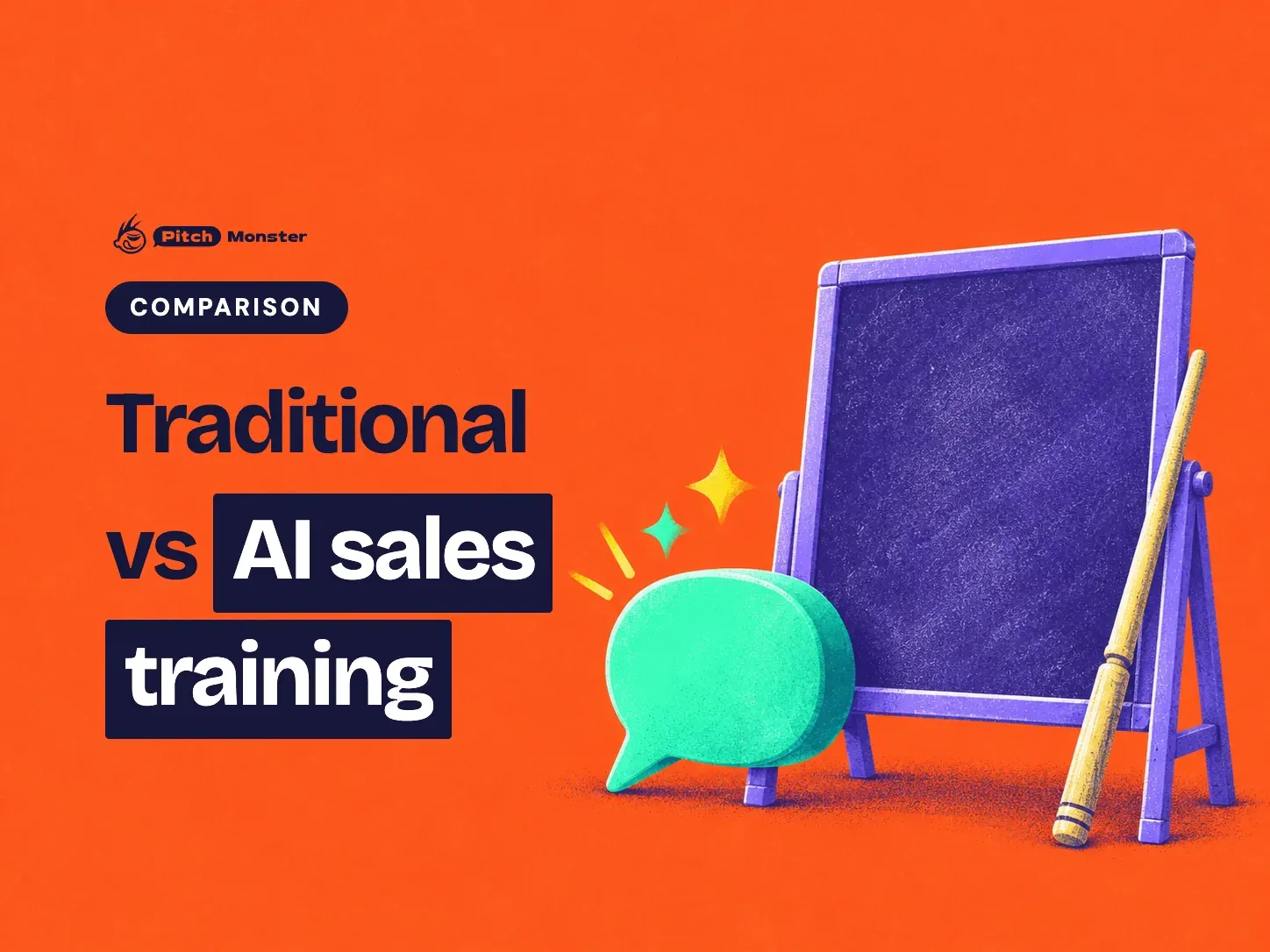 coral illustrated cover: a blank classroom chalkboard with a wooden pointer beside a glowing speech bubble with sparkles. A COMPARISON pill sits above the title 'Traditional vs AI sales training' with 'AI sales training' highlighted.