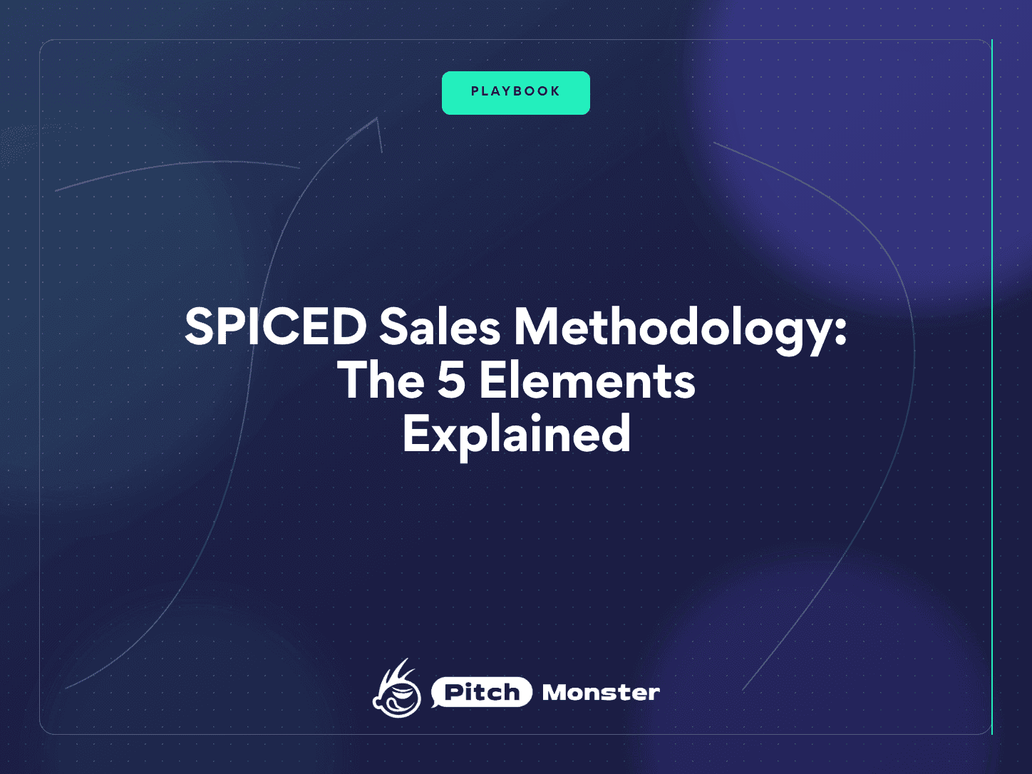 PitchMonster title card reading "SPICED Sales Methodology: The 5 Elements Explained", with a PLAYBOOK badge on a dark navy background